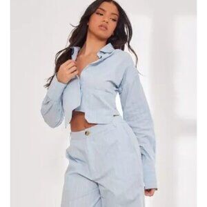 NWT PrettyLittleThing Size 10 Poplin Blue Pinstripe Pocket Detail Cropped Shirt